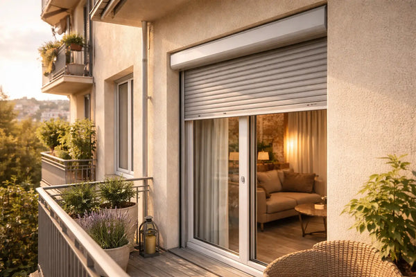 Een achteraf gemonteerd rolluik op een terrasdeur van een woongebouw biedt meer zonwering en wooncomfort.