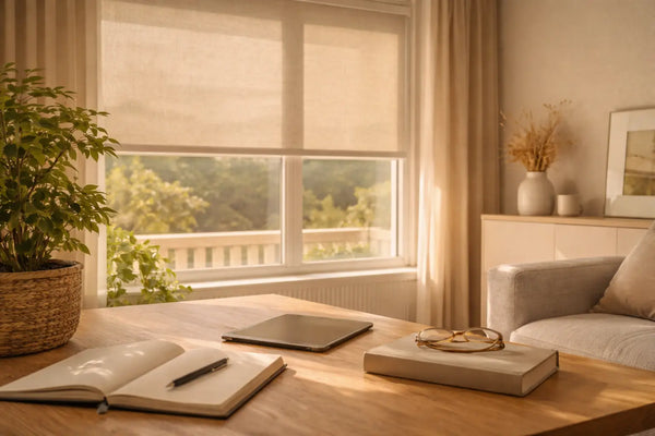 Een extern rolgordijn voor het raam filtert het zomerlicht in een moderne woonkamer met een tafel, laptop en tablet.