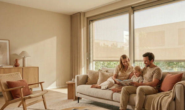 Het gezin ontspant zich in de zomer in de woonkamer, beschermd tegen de hitte door een aan de buitenkant gemonteerd rolgordijn voor het raam.