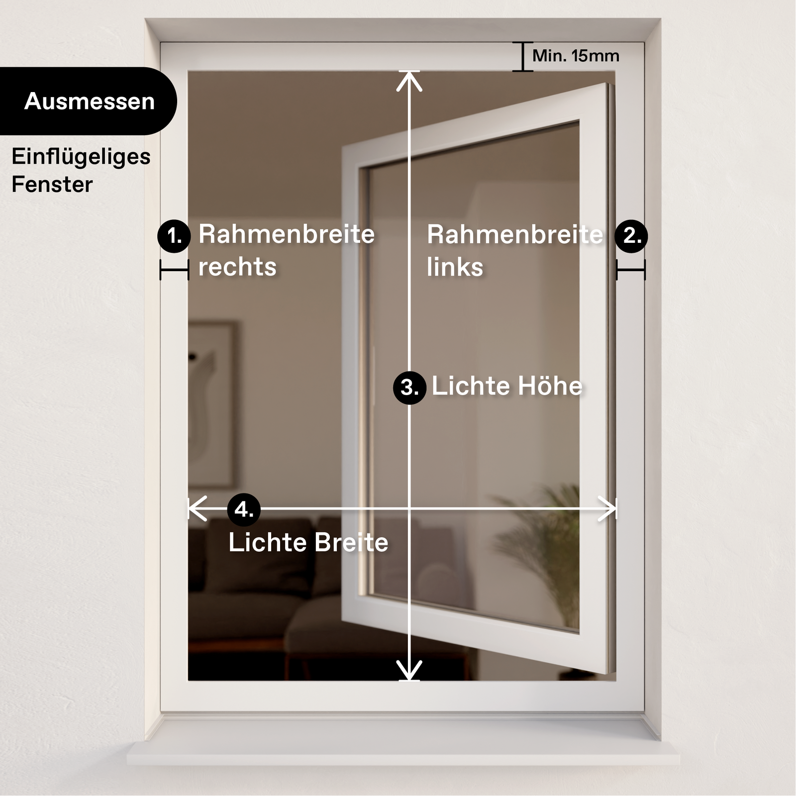 Ausmessbild Außenrollo für Fenster - Einflügeliges Fenster