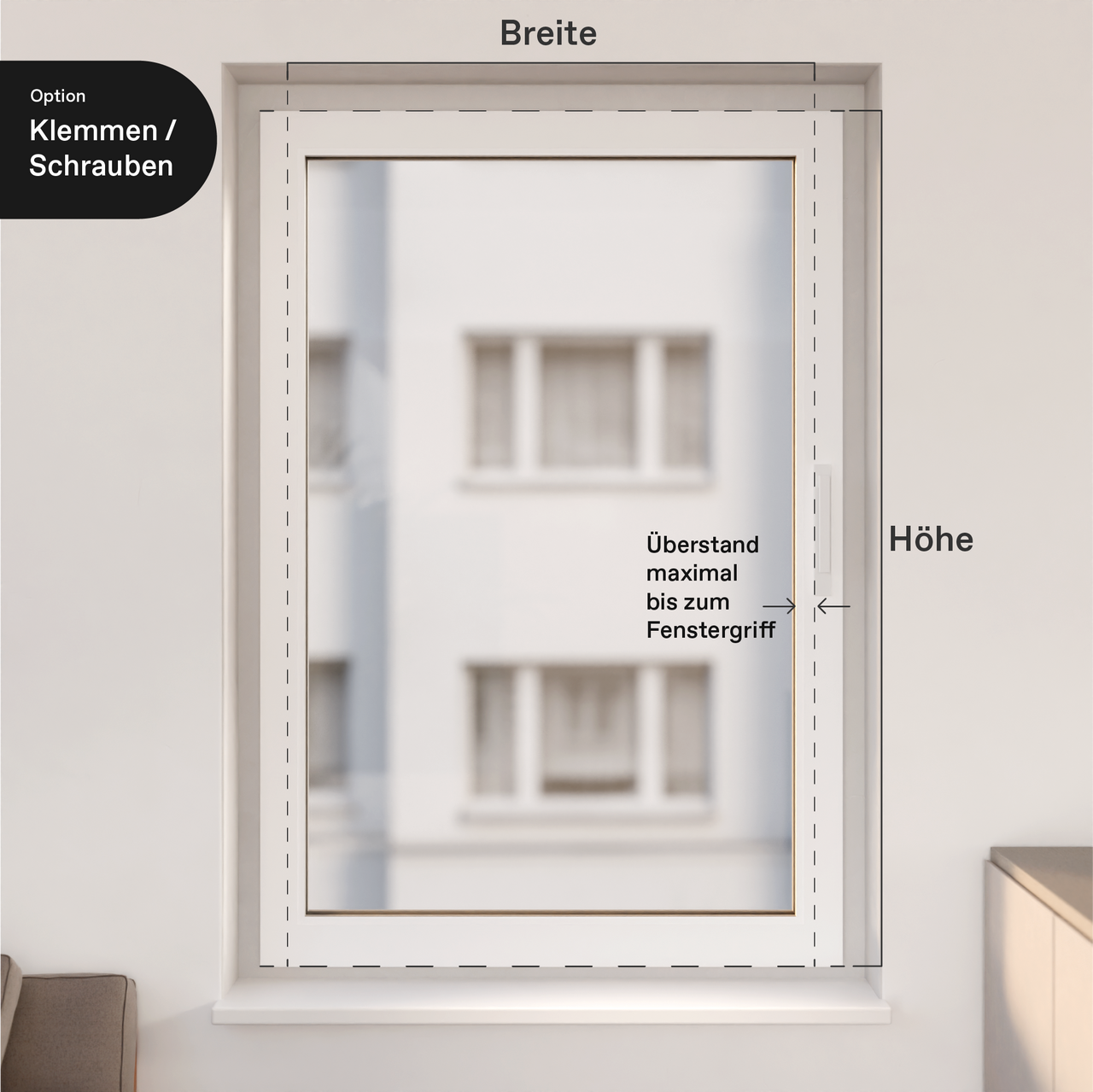 bemaßtes Fenster von innen - Ausmessen Jalousie für Montage Klemmen oder Schrauben