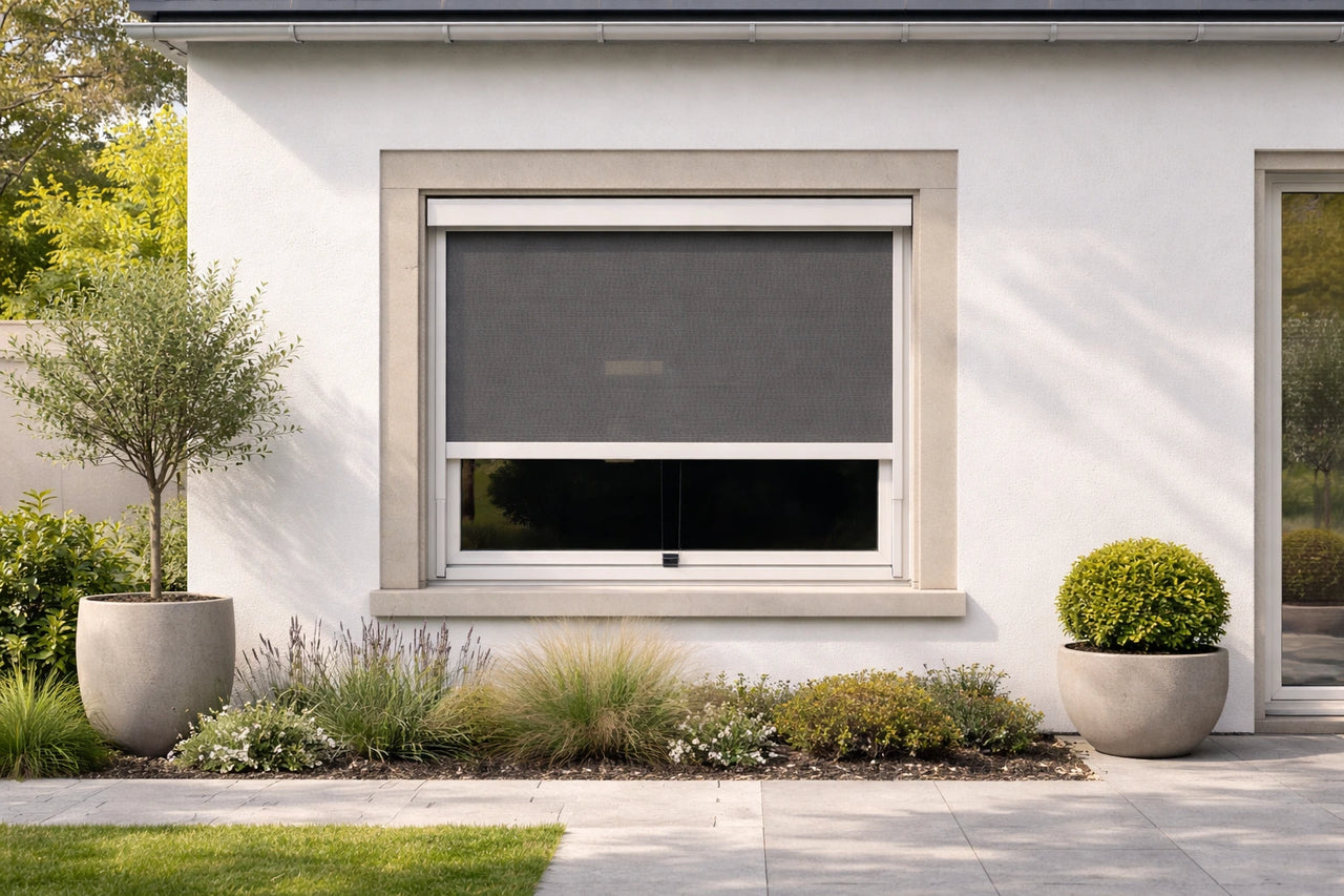Außenansicht einer modernen Fassade mit Garten. Am Fenster ist das Außenrollo zum klemmen montiert und halb geschlossen.