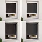 4 Außenrollo Varianten für Fenster am Fenster nebeneinander dargestellt. Außenrollo weiß mit Durchsicht Stoff
Außenrollo weiß mit Sichtschutz Stoff
Außenrollo grau mit Durchsicht Stoff
Außenrollo grau mit Sichtschutz Stoff