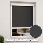 Außenrollo weiß mit Sichtschutz Stoff an Fenster montiert und mit Icons Sichtschutz, 85% Abdunkelung und Hitzeschutz