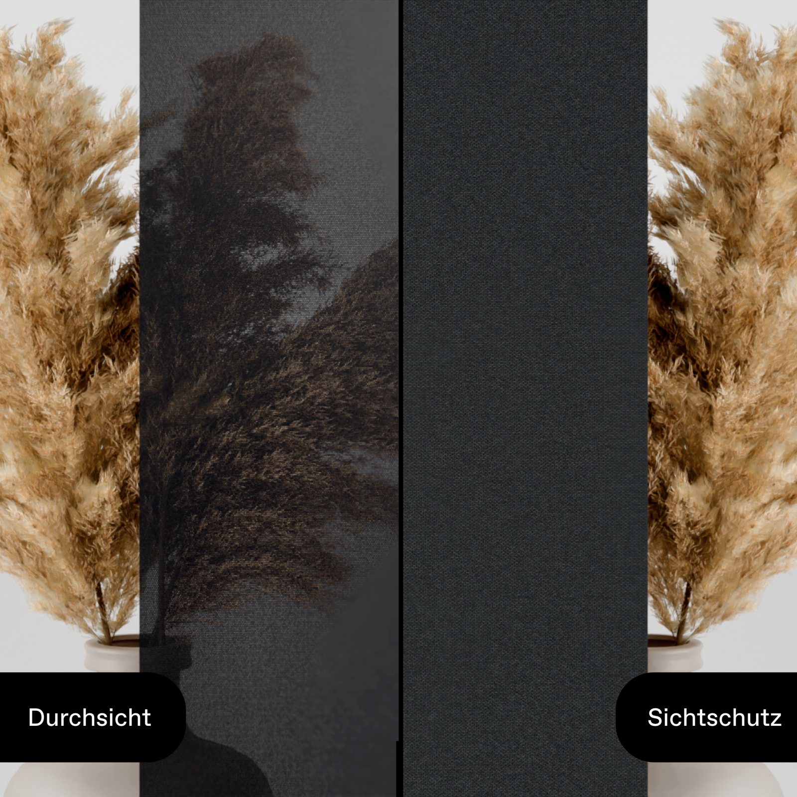 Stoffmuster Bilder für Außenrollo auf dem man die Transparenz der Stoff erkennen kann. Stoff Sichtschutz = keine Transparenz, Stoff Durchsicht = 10% Transparenz